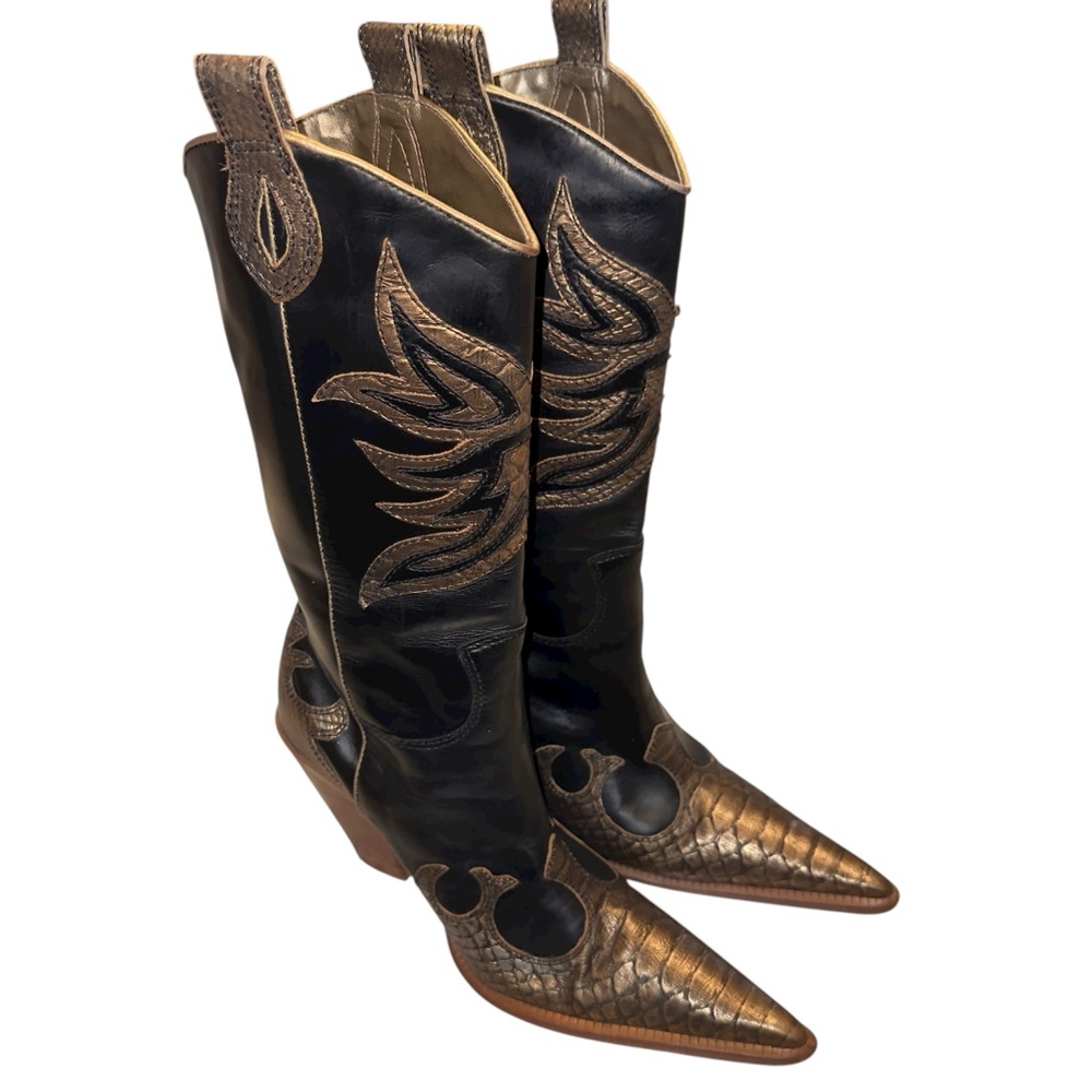 Para Raio Brazil 70’s Western Giddy Up Black Gold Metallic Leather Cowboy Boots - Picture 8 of 17